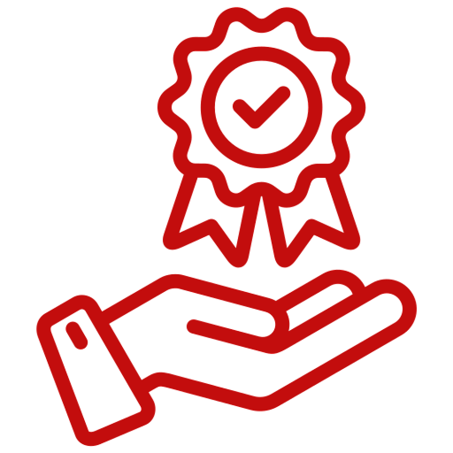 Hand offering award with checkmark badge.