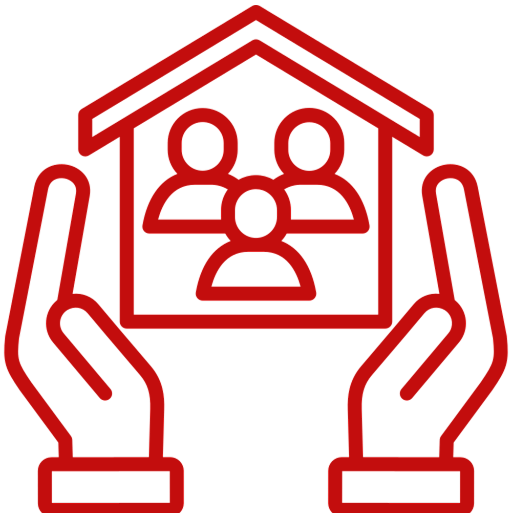 Hands holding house with family inside.
